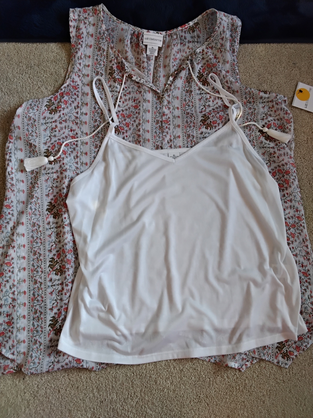 Liz Claiborne Sleeveless Floral Top with Tassel Tie and Camisole - White - Picture 4 of 7
